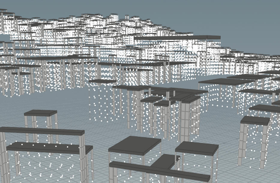 Generated wall modules are deleted, leaving behind only instance points, building corners, and roofs.