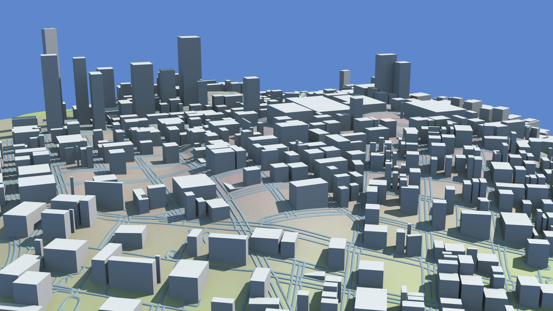 Buildings with pre-existing “levels” data loom as tall skyscrapers over the rest of the city, while the generated buildings have been kept quite short.
