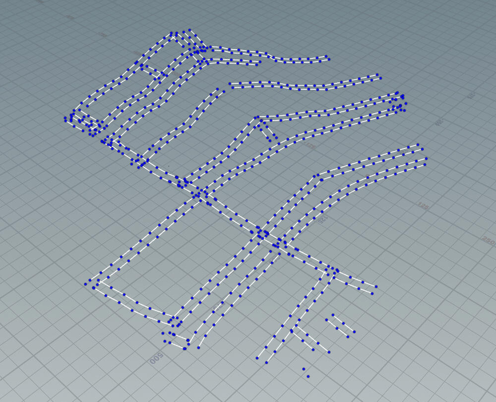 Generated curves follow the original roads. The blue-colored points are prop placement locations.